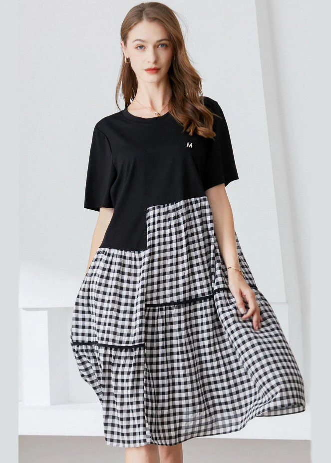 Art Black Asymmetrical Patchwork Plaid Cotton Dresses Summer - Image 3