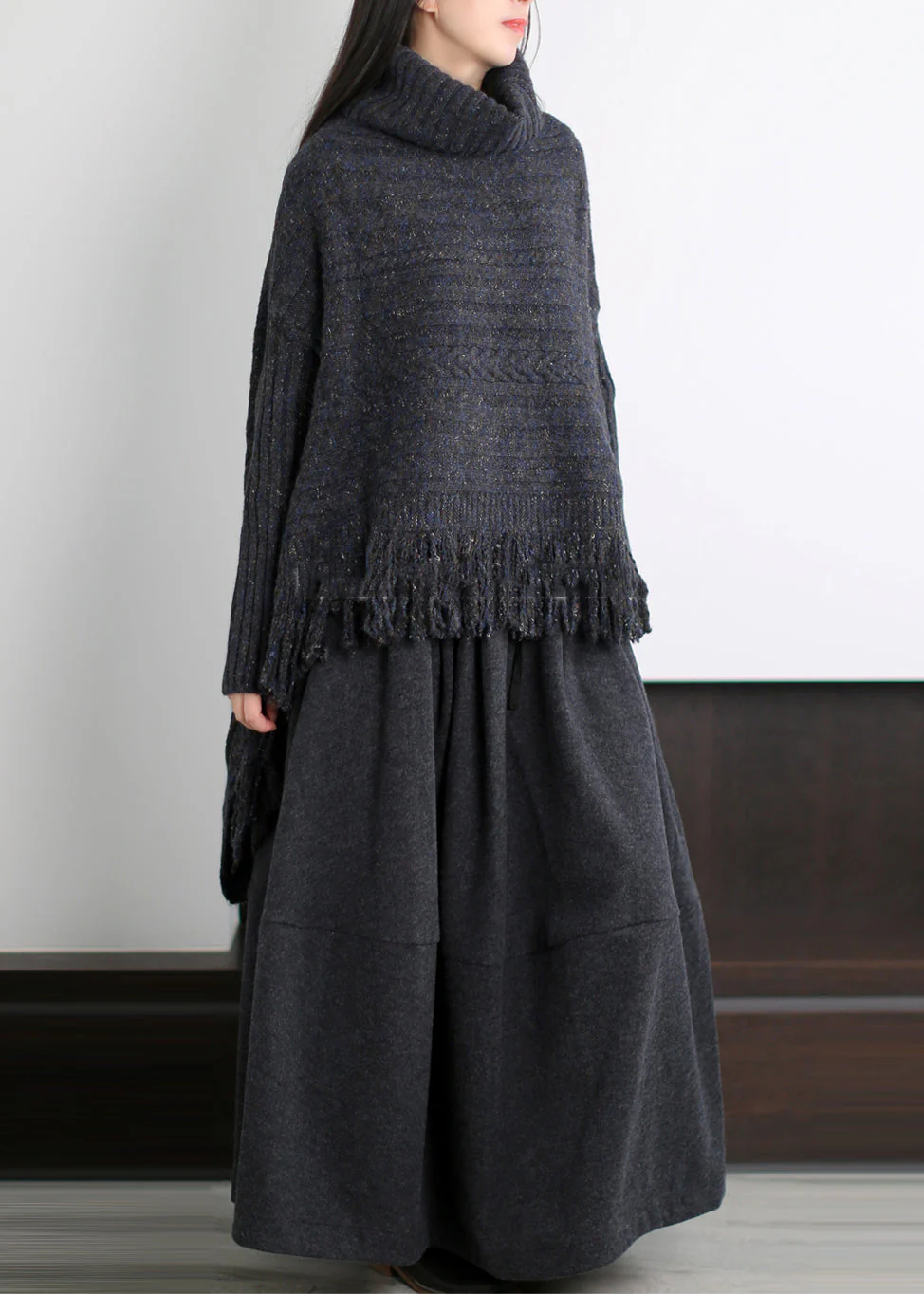 Art Black Asymmetrical Tasseled Knit Sweaters Winter - Image 2