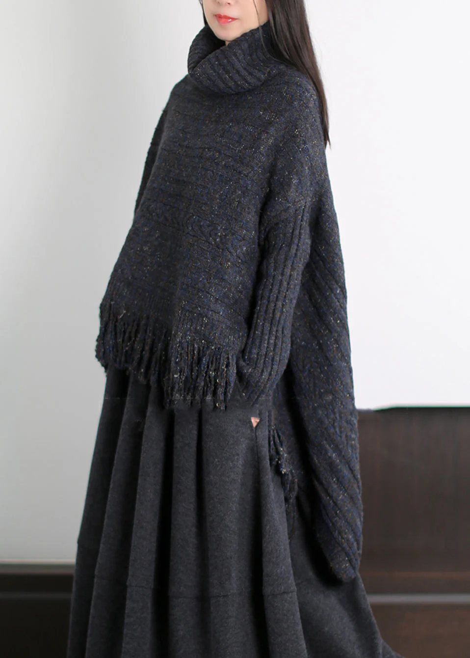 Art Black Asymmetrical Tasseled Knit Sweaters Winter - Image 3