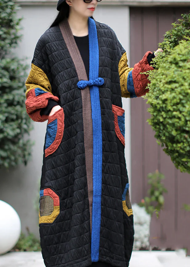 Art Black Chinese Button Patchwork Fine Cotton Filled Trench Winter - Image 2