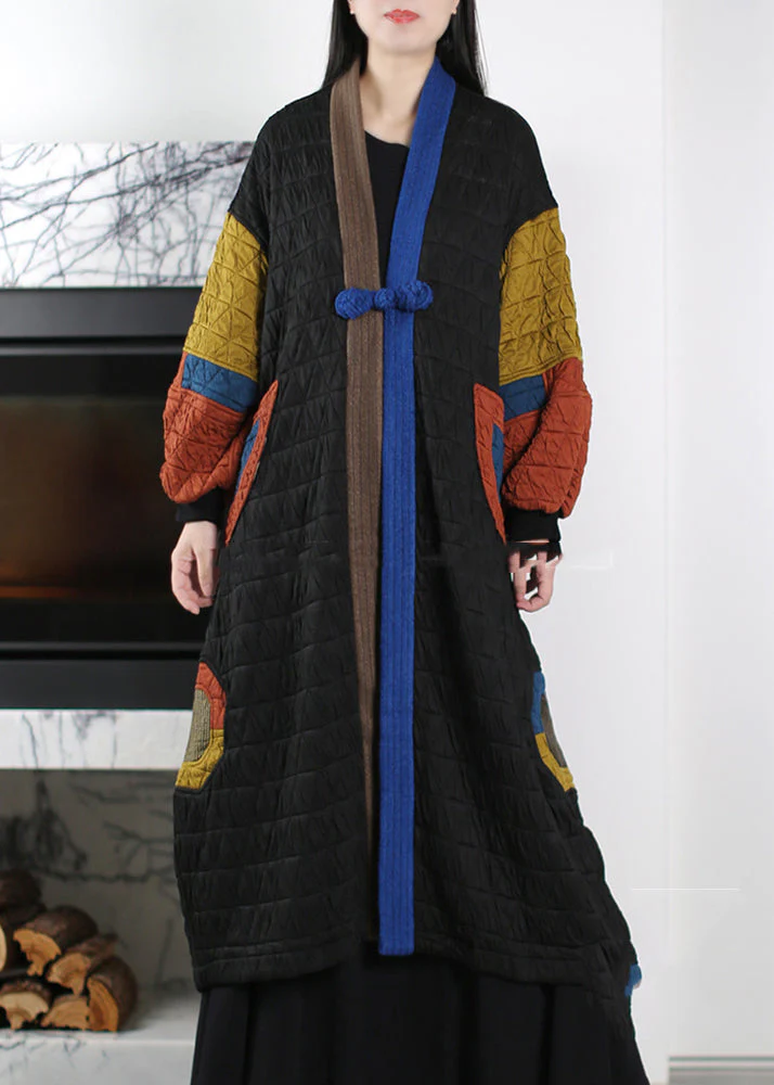 Art Black Chinese Button Patchwork Fine Cotton Filled Trench Winter - Image 3