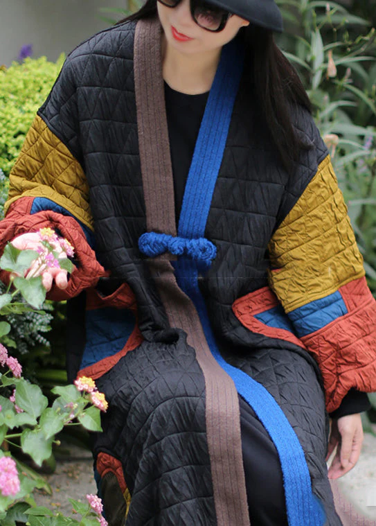 Art Black Chinese Button Patchwork Fine Cotton Filled Trench Winter - Image 4