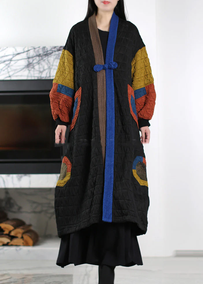Art Black Chinese Button Patchwork Fine Cotton Filled Trench Winter - Image 5