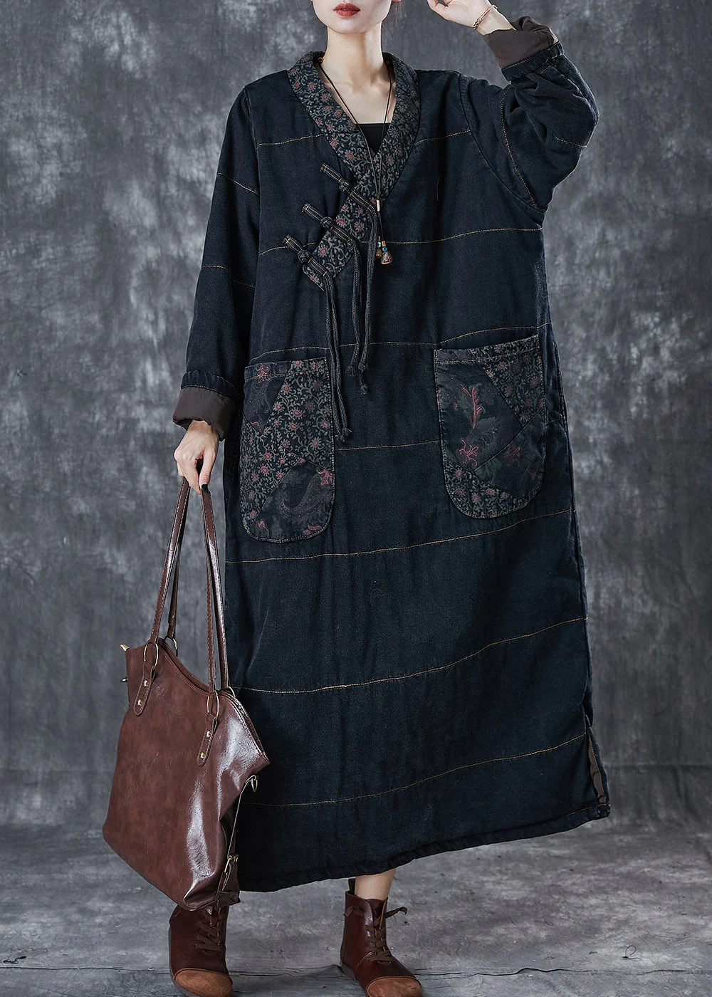 Art Black Chinese Button Patchwork Pockets Cotton Filled Dress Winter - Image 2
