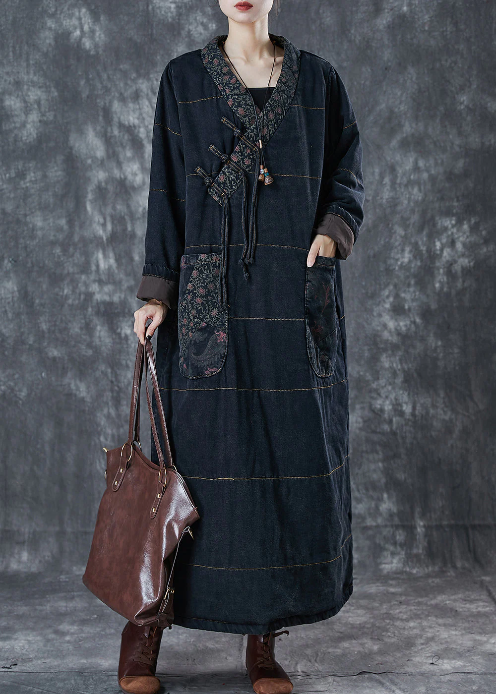 Art Black Chinese Button Patchwork Pockets Cotton Filled Dress Winter - Image 3