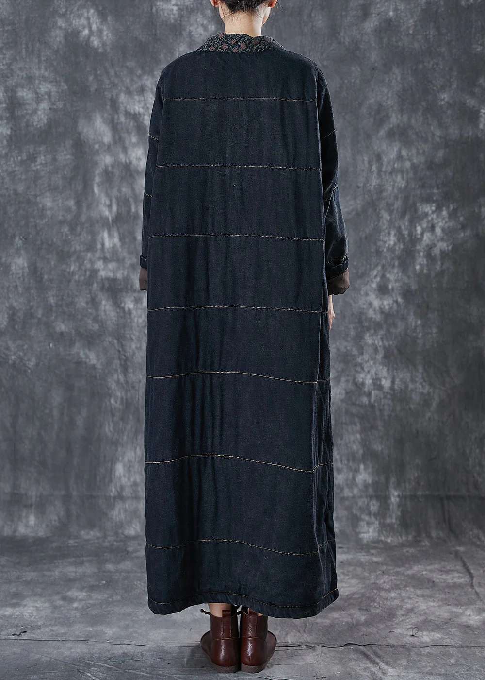 Art Black Chinese Button Patchwork Pockets Cotton Filled Dress Winter - Image 4