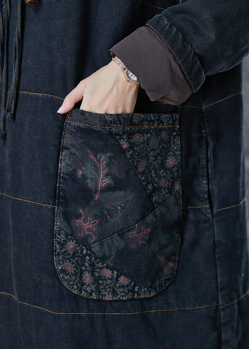 Art Black Chinese Button Patchwork Pockets Cotton Filled Dress Winter - Image 5
