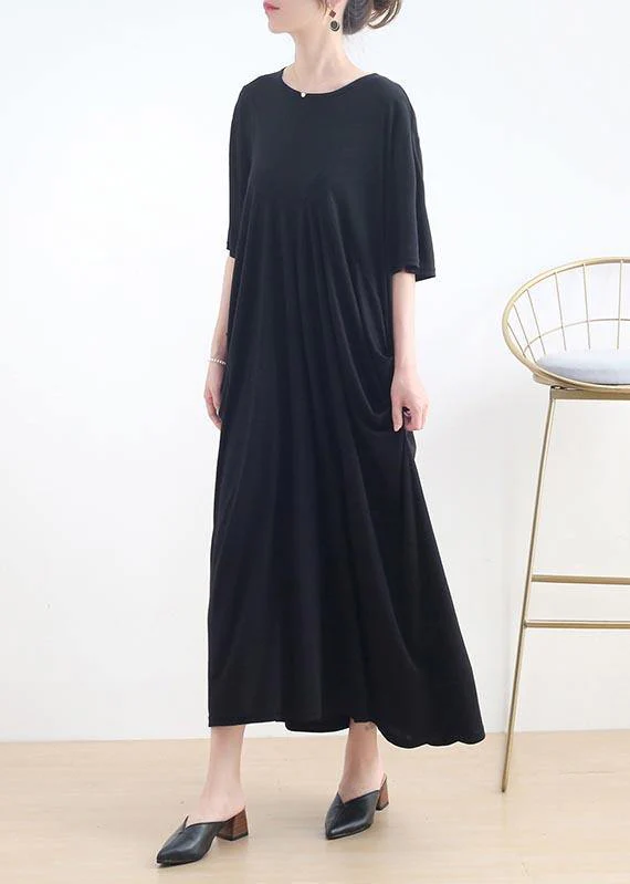 Art Black Cinched O-Neck Summer Cotton Dress - Image 2