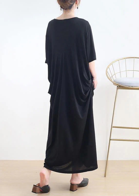 Art Black Cinched O-Neck Summer Cotton Dress - Image 3