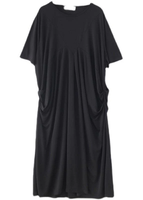 Art Black Cinched O-Neck Summer Cotton Dress - Image 4