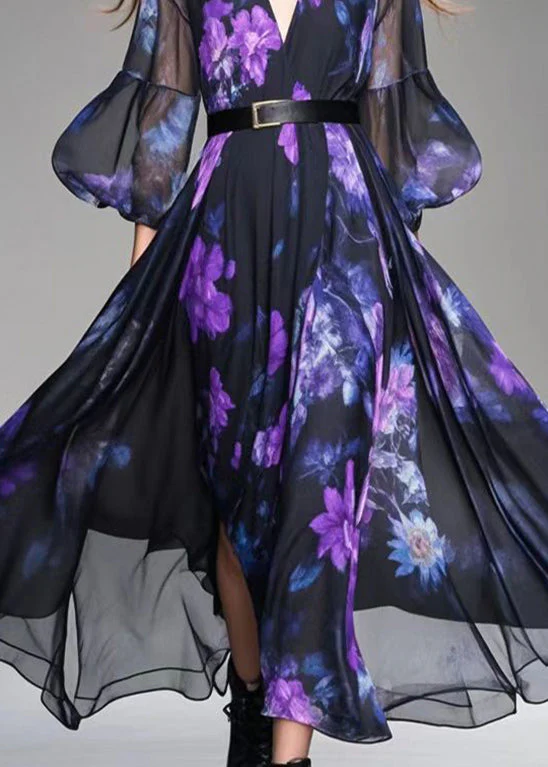 Art Black Cinched Print Chiffon Vacation Dresses Lantern Sleeve - Image 4