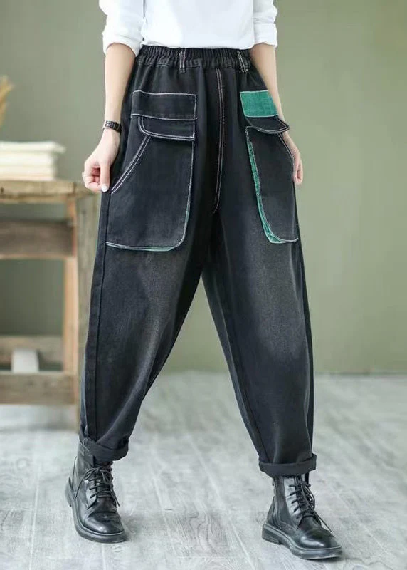 Art Black Elastic Waist Patchwork Pockets Denim Harem Pants Spring - Image 2