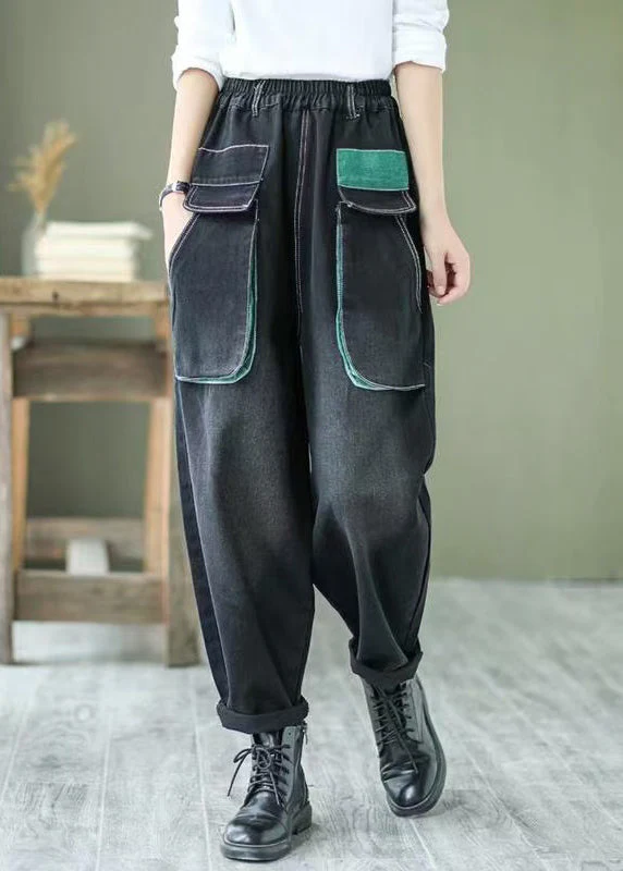 Art Black Elastic Waist Patchwork Pockets Denim Harem Pants Spring - Image 3