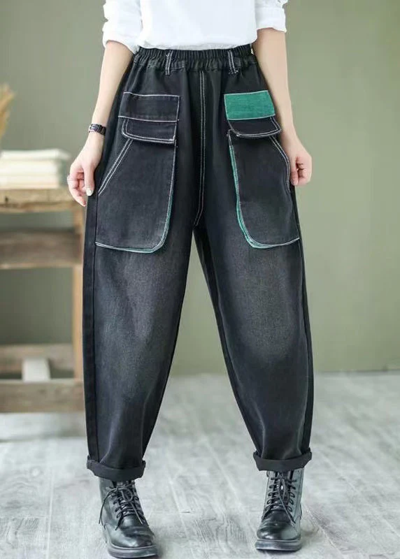 Art Black Elastic Waist Patchwork Pockets Denim Harem Pants Spring - Image 4