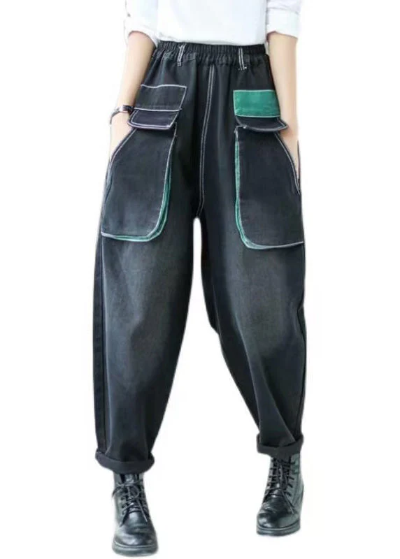 Art Black Elastic Waist Patchwork Pockets Denim Harem Pants Spring - Image 5