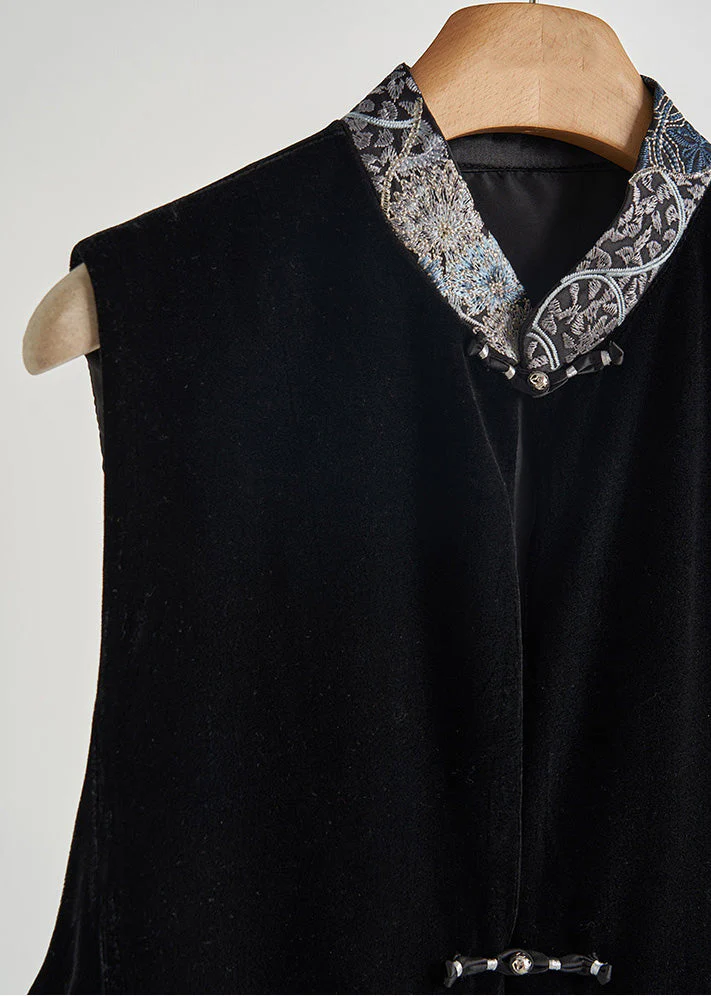 Art Black Embroidered Patchwork Silk Velvet Oriental Vests Fall - Image 5