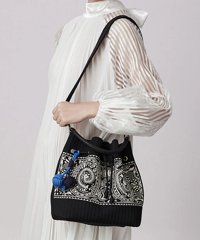 Art Black Jacquard Drawstring Cotton Pouch Handbag