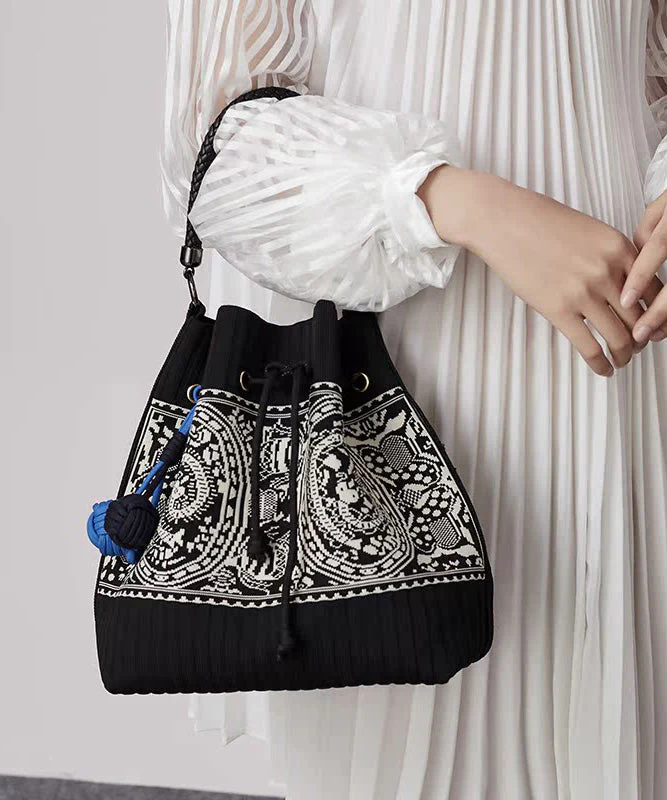 Art Black Jacquard Drawstring Cotton Pouch Handbag - Image 2