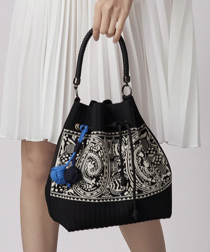Art Black Jacquard Drawstring Cotton Pouch Handbag - Image 3