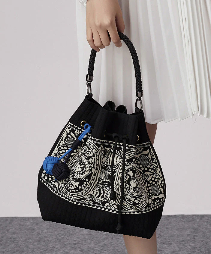 Art Black Jacquard Drawstring Cotton Pouch Handbag - Image 5