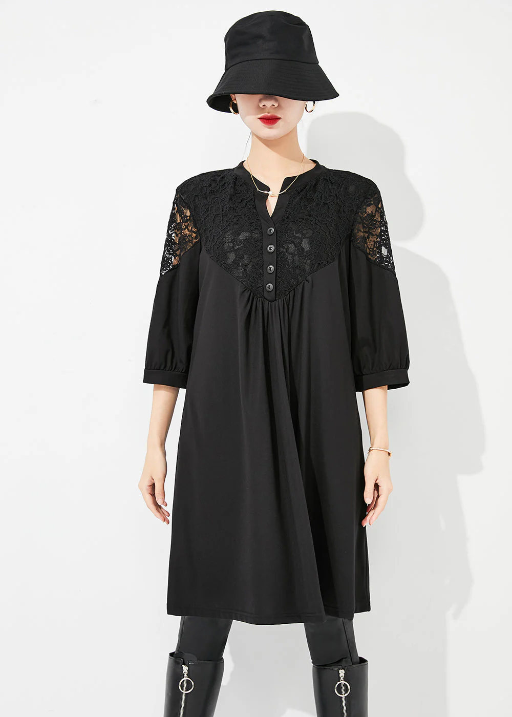 Art Black Lace Patchwork Hollow Out Wrinkled Cotton Dress Half Sleeve - Image 2