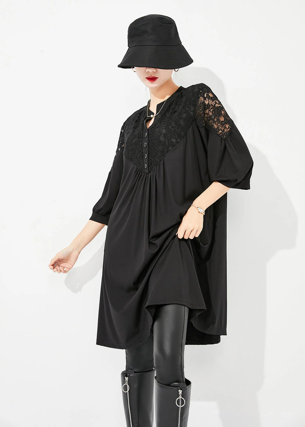Art Black Lace Patchwork Hollow Out Wrinkled Cotton Dress Half Sleeve - Image 3