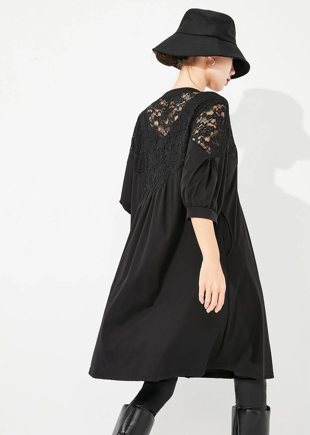 Art Black Lace Patchwork Hollow Out Wrinkled Cotton Dress Half Sleeve - Image 4