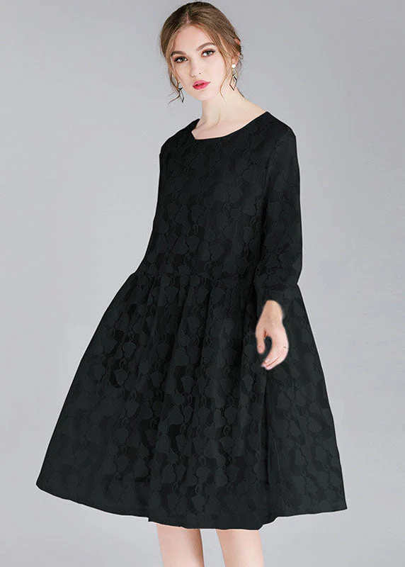 Art Black O-Neck bracelet sleeved Day Dress Fall Lace Dress - Image 4