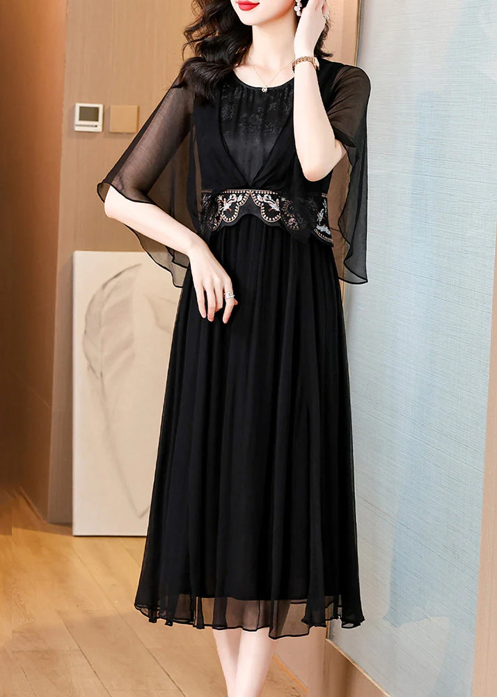 Art Black O Neck High Waist Silk Long Dress Batwing Sleeve - Image 3
