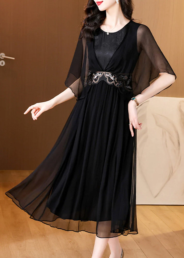 Art Black O Neck High Waist Silk Long Dress Batwing Sleeve - Image 4