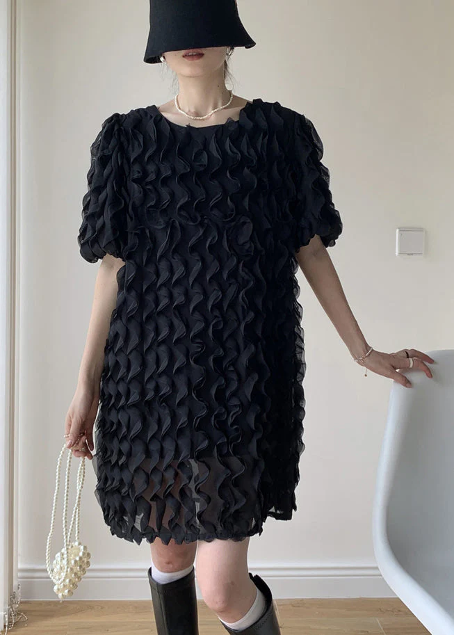 Art Black O-Neck Ruffled Patchwork Tulle Mid Dresses Summer - Image 2
