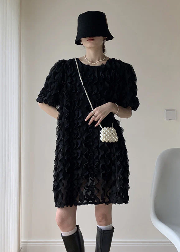 Art Black O-Neck Ruffled Patchwork Tulle Mid Dresses Summer - Image 3