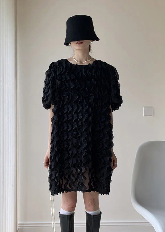 Art Black O-Neck Ruffled Patchwork Tulle Mid Dresses Summer - Image 4