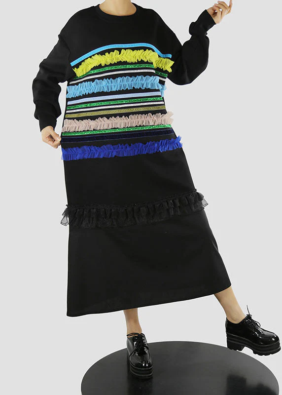 Art Black O-Neck Ruffled Tulle Striped Patchwork long Dresses Spring - Image 2