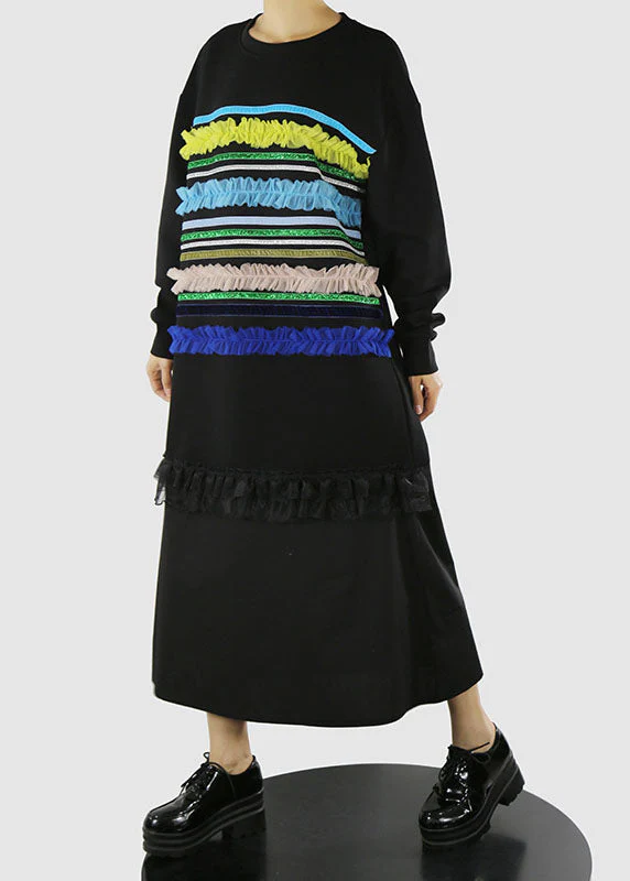 Art Black O-Neck Ruffled Tulle Striped Patchwork long Dresses Spring - Image 4