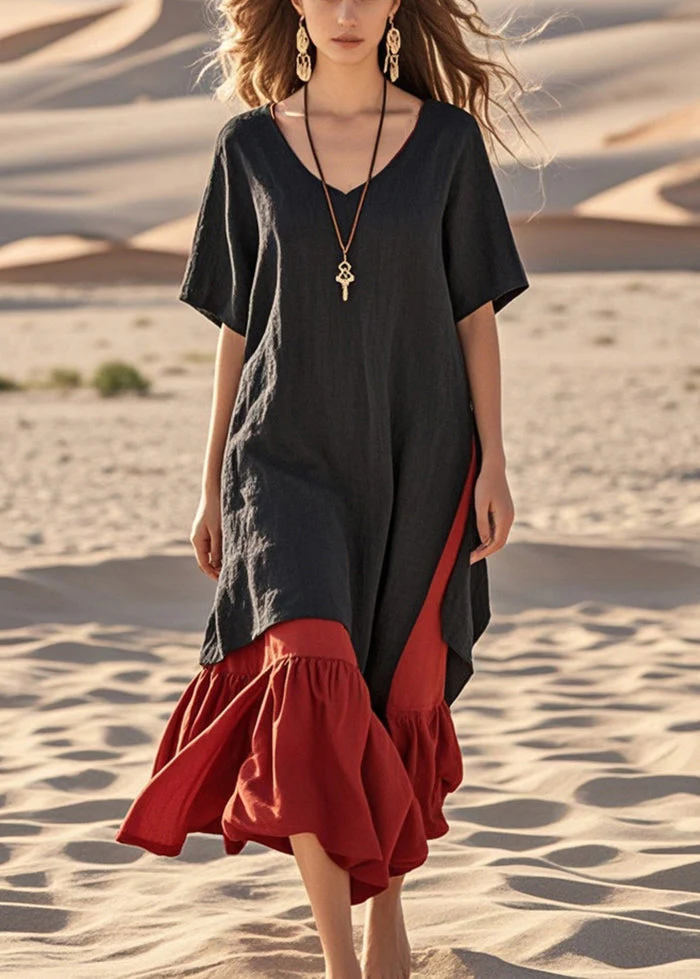 Art Black Oversized Patchwork Cotton Holiday Dresses Summer - Image 3