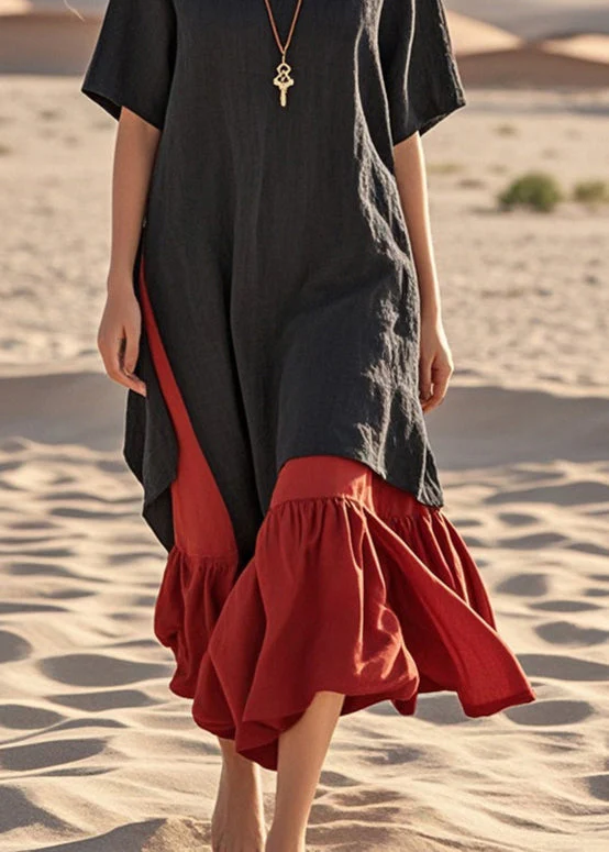 Art Black Oversized Patchwork Cotton Holiday Dresses Summer - Image 4