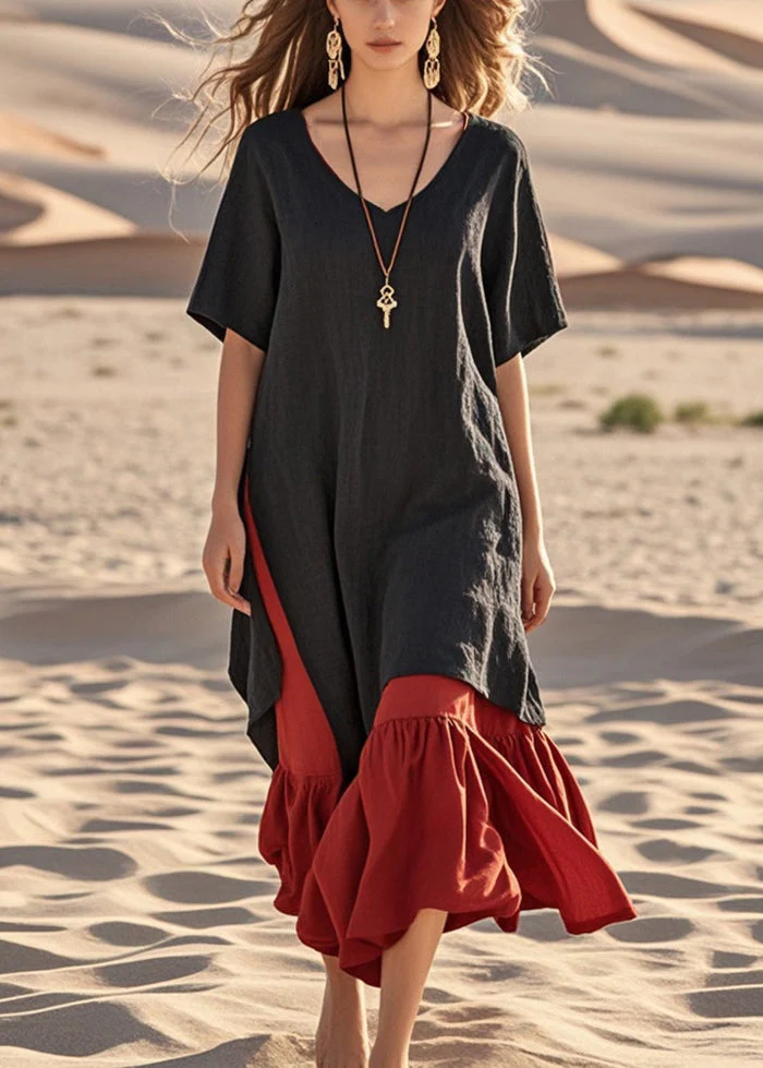 Art Black Oversized Patchwork Cotton Holiday Dresses Summer - Image 5