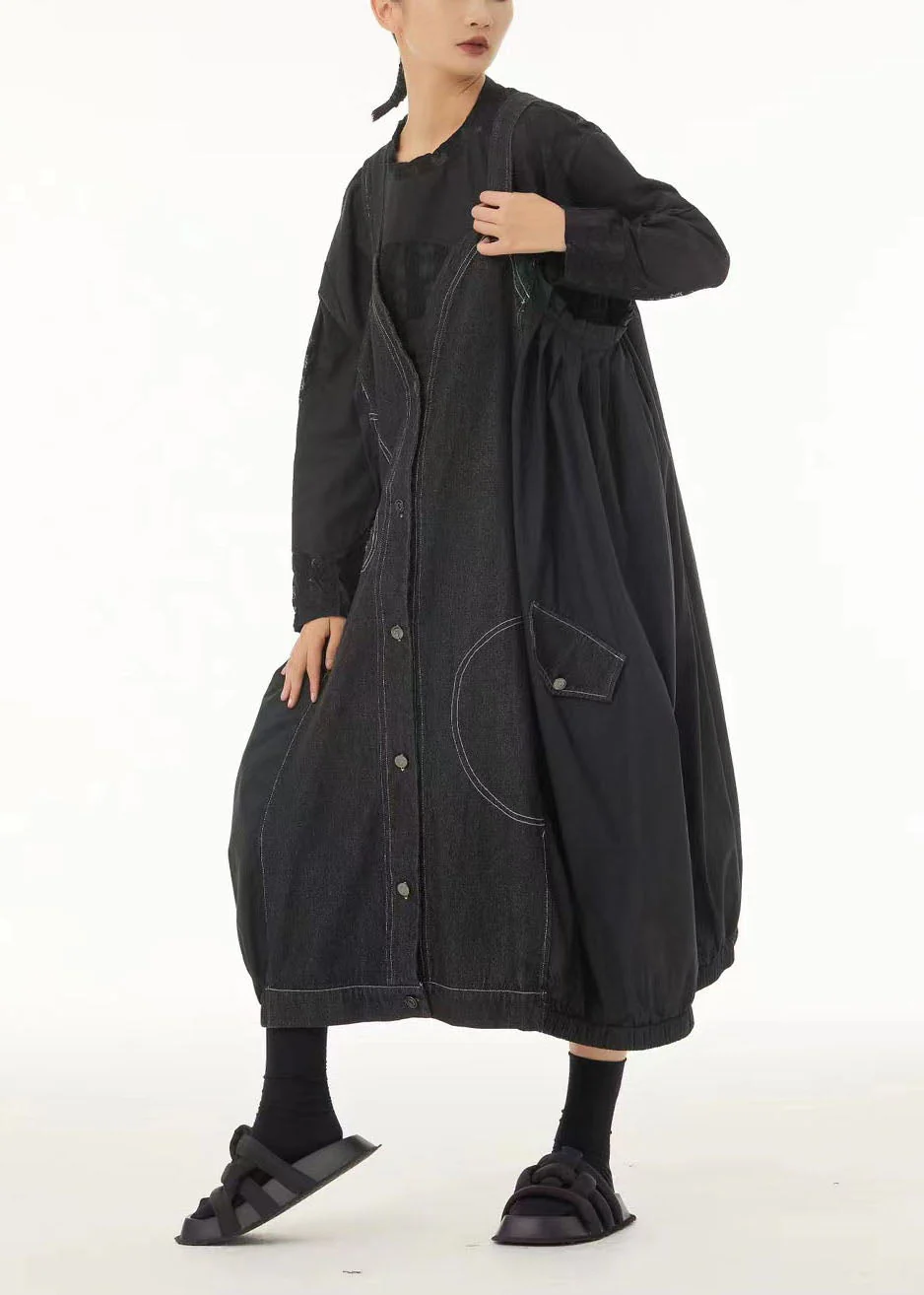 Art Black Oversized Patchwork Cotton Strap Dress Summer - Image 2