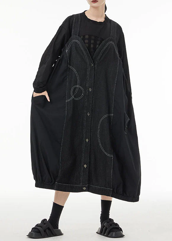 Art Black Oversized Patchwork Cotton Strap Dress Summer - Image 3