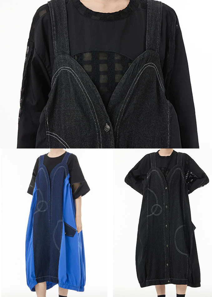 Art Black Oversized Patchwork Cotton Strap Dress Summer - Image 5