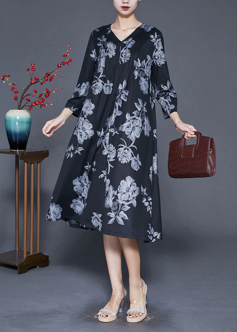 Art Black Oversized Print Wrinkled Silk Maxi Dress Fall - Image 2