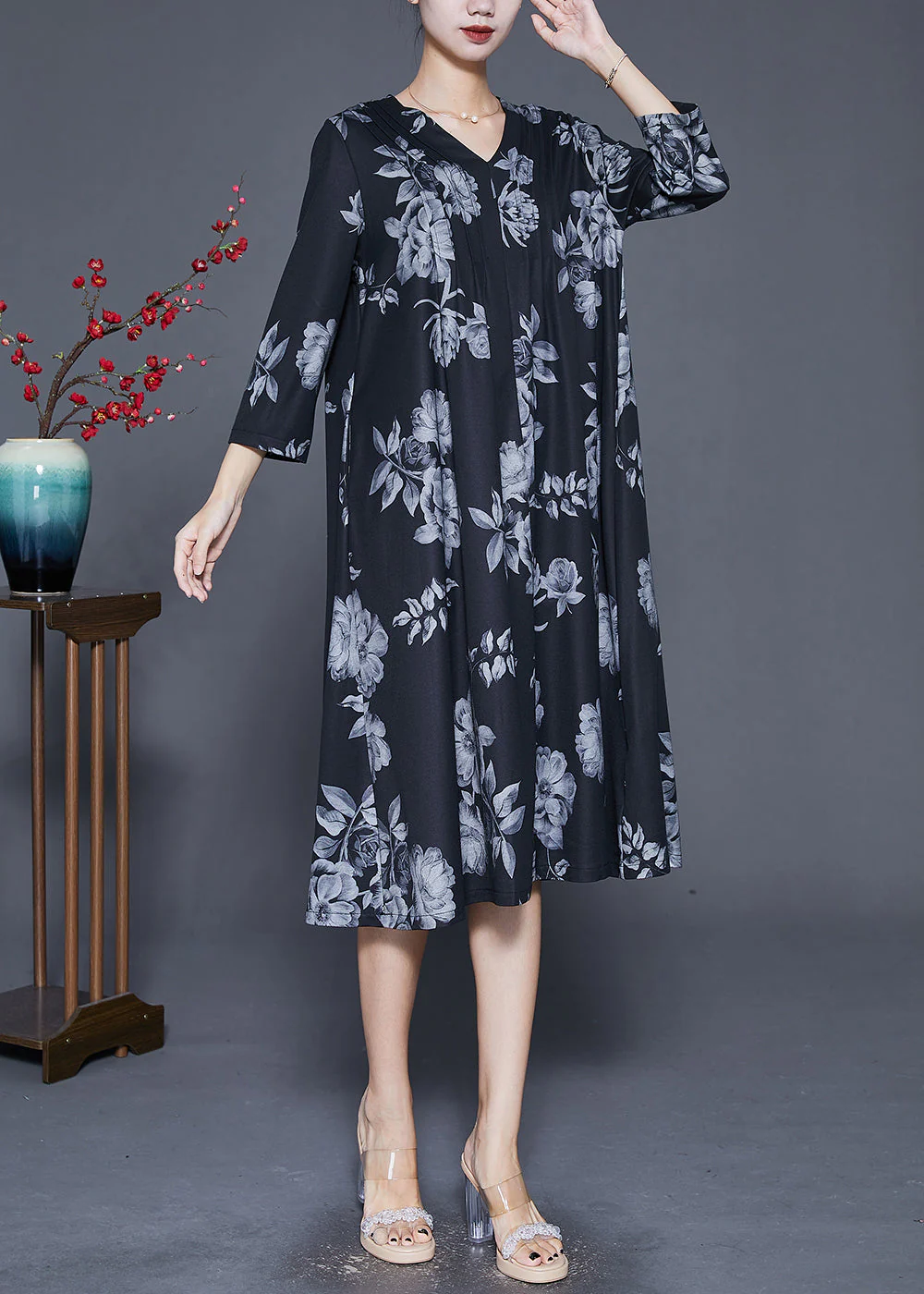Art Black Oversized Print Wrinkled Silk Maxi Dress Fall - Image 3