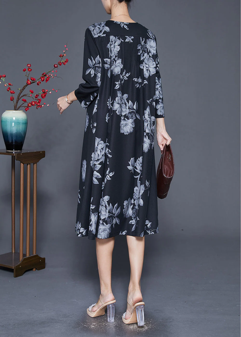 Art Black Oversized Print Wrinkled Silk Maxi Dress Fall - Image 4