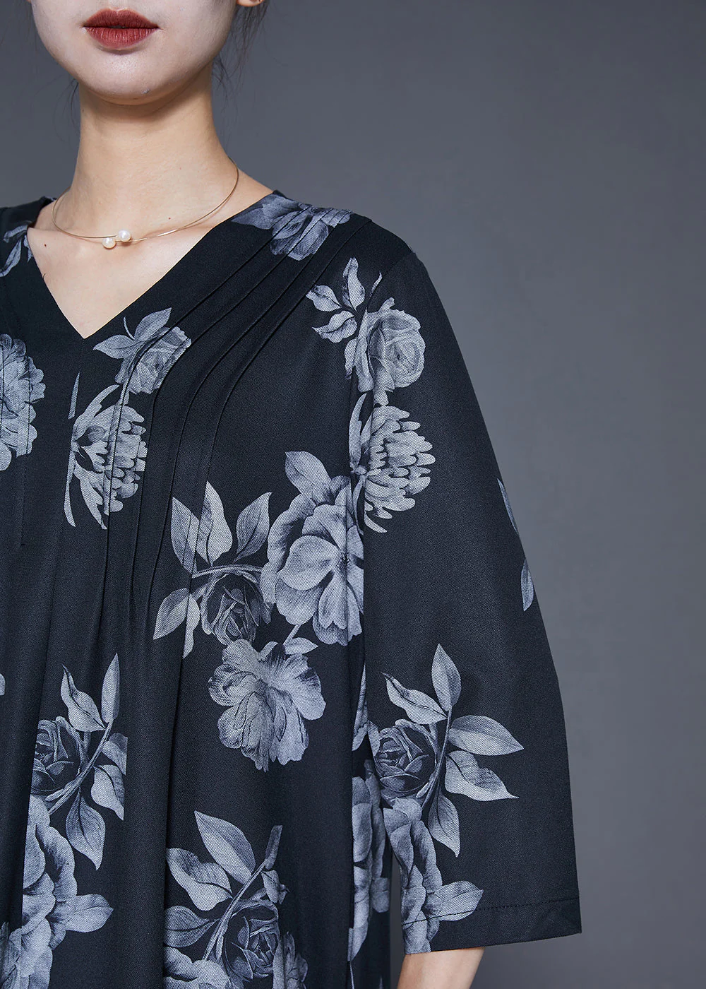 Art Black Oversized Print Wrinkled Silk Maxi Dress Fall - Image 5
