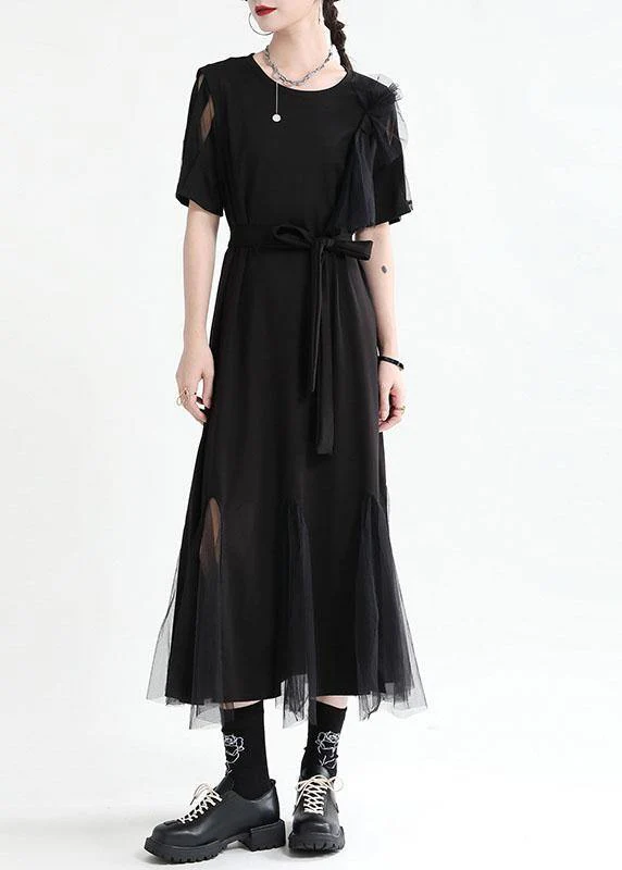 Art Black Patchwork Tulle Summer Tie Waist Dress Short Sleeve - Image 2