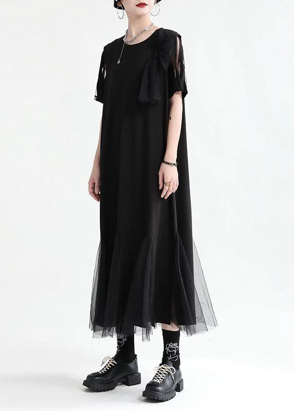Art Black Patchwork Tulle Summer Tie Waist Dress Short Sleeve - Image 3
