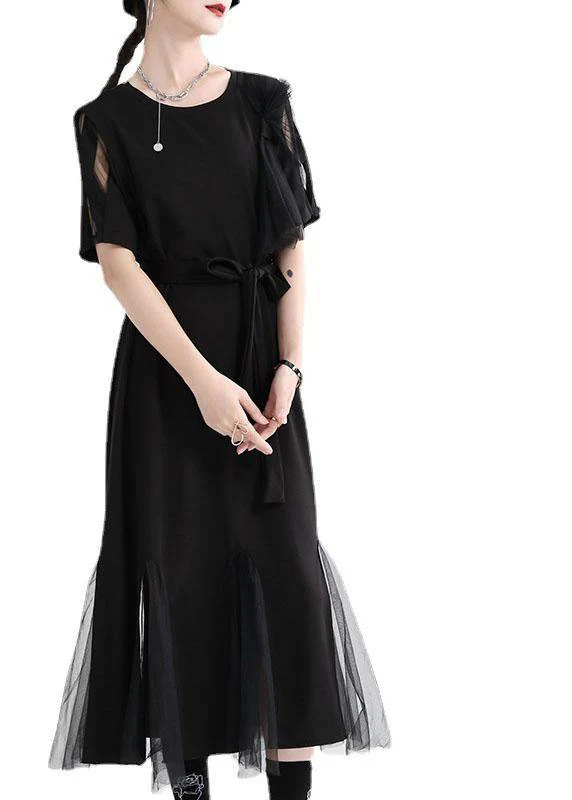 Art Black Patchwork Tulle Summer Tie Waist Dress Short Sleeve - Image 4