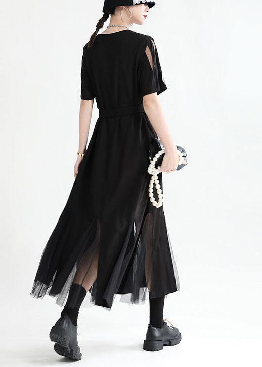 Art Black Patchwork Tulle Summer Tie Waist Dress Short Sleeve - Image 5