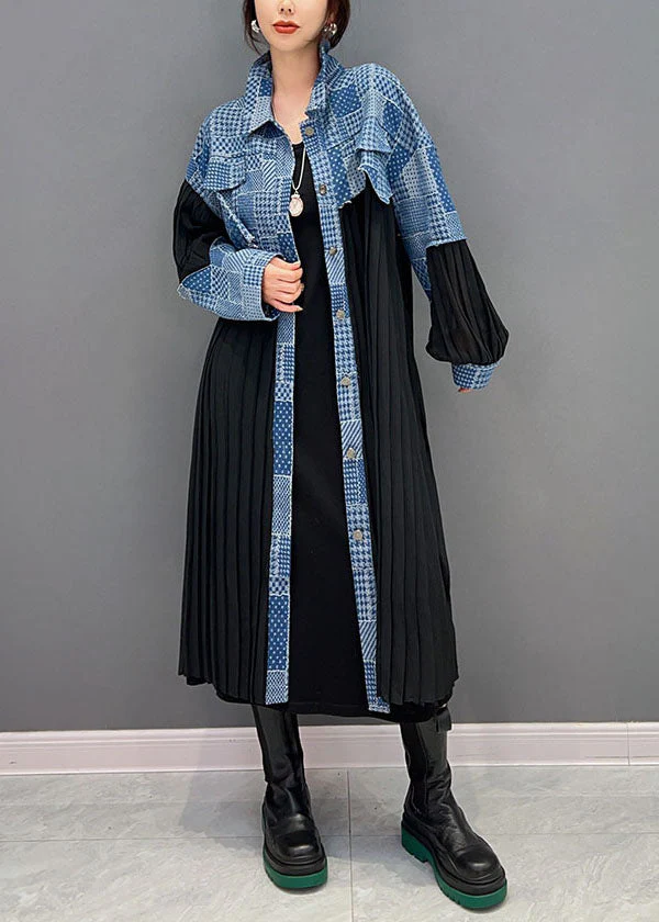 Art Black Peter Pan Collar Denim Fabric Patchwork Silk Dresses Spring - Image 2